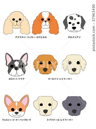 狗的前視圖）6 個品種的 9 隻狗一套）全彩 87963490