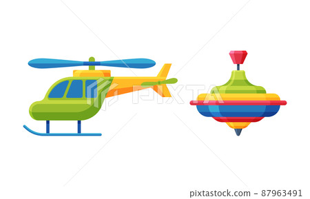 Baby toys set. Whirligig humming toy and helicopter cartoon vector illustration 87963491