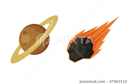 Saturn planet and flying flaming meteorite vector illustration 87963518