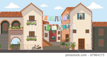 Scene with many buildings in city 87964173