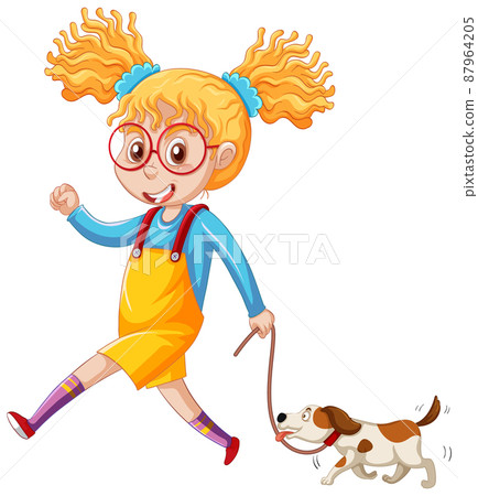 Teenager girl walking with pet cartoon character on white backgrouns Teenager girl walking with pet cartoon character on white backgrouns 87964205