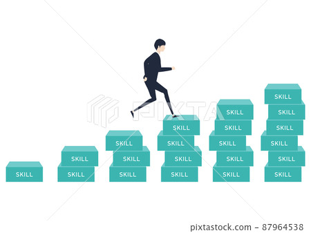 Illustration material of a young Japanese man climbing stairs, improving skills, improving career, stepping up, increasing annual income 87964538