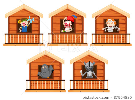 Set of Little boy and girl standing by the window Set of Little boy and girl standing by the window 87964880