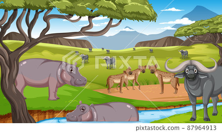 Wild animals in savanna forest landscape 87964913