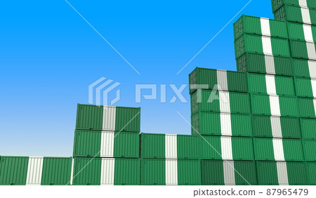 Industrial containers with flags of Nigeria making a rising graph. Economic growth related 3D rendering 87965479