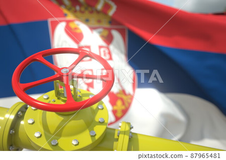 Waving flag of Serbia and the gas or oil pipeline valve. Conceptual 3d rendering 87965481