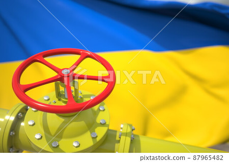 Gas or oil pipe valve and flag of Ukraine. Conceptual 3d rendering 87965482