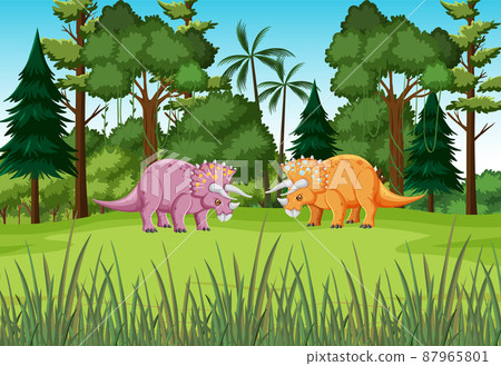 Nature scene with trees on mountains with dinosaur Nature scene with trees on mountains with dinosaur 87965801