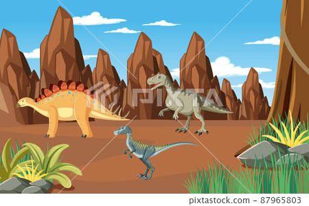 Nature scene with trees on mountains with dinosaur Nature scene with trees on mountains with dinosaur 87965803