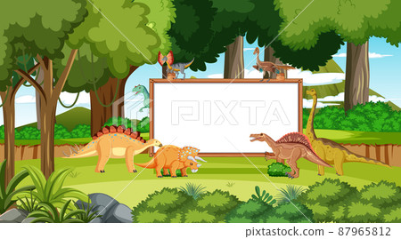 Nature scene with trees on mountains with sign board and dinosaur 87965812
