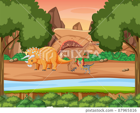 Nature scene with trees on mountains with dinosaur 87965816