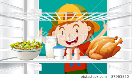 Boy looking at food in fridge Boy looking at food in fridge 87965850