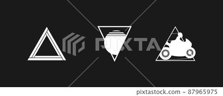 Set of retrowave design elements, triangles. Triangles with striped sun and woman motorcyclist. Pack of retrowave 1980s style design elements. Vector Set of retrowave design elements, triangles. Triangles with striped sun and woman motorcyclist. Pack of retrowave 1980s style design elements. Vector 87965975