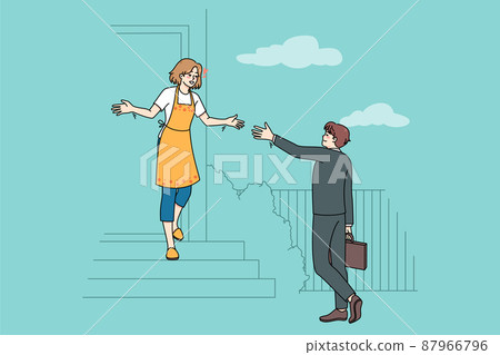 Happy woman meeting husband coming back home Happy woman meeting husband coming back home 87966796