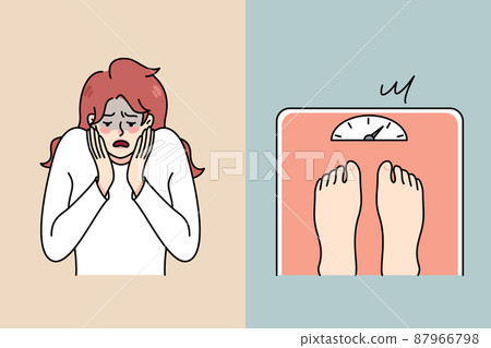 Unhappy woman on scales shocked with weight Unhappy woman on scales shocked with weight 87966798