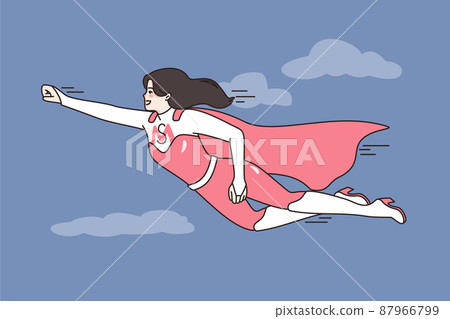 Happy mother in superhero costume fly in sky Happy mother in superhero costume fly in sky 87966799
