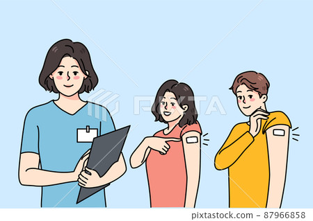Smiling people show arms after covid vaccination  87966858