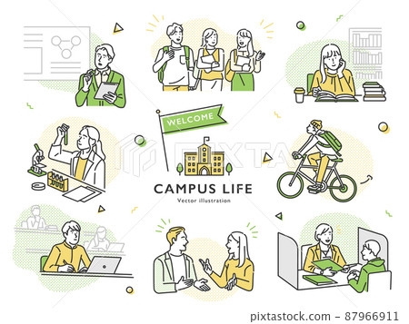 不同場景下大學生校園生活形象插畫素材 87966911
