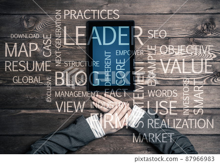 Hands of businesswoman using tablet pc and business conceptual words Hands of businesswoman using tablet pc and business conceptual words 87966983