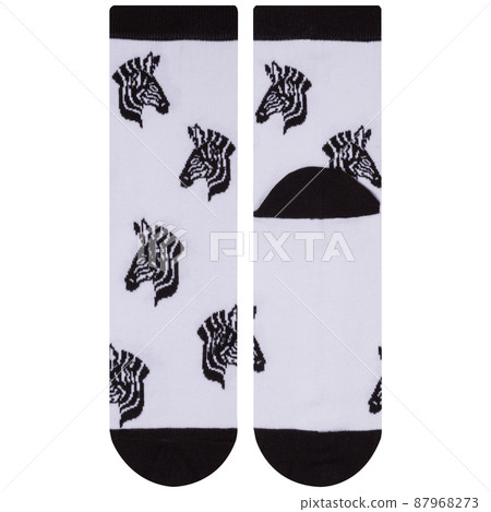 a pair of white socks with a zebra head pattern, one lies with the front part, the other with the heel forward a pair of white socks with a zebra head pattern, one lies with the front part, the other with the heel forward 87968273