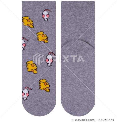 a pair of gray socks with a pattern of mice and cheese, one sock lies with the front part, the other lies with the back a pair of gray socks with a pattern of mice and cheese, one sock lies with the front part, the other lies with the back 87968275