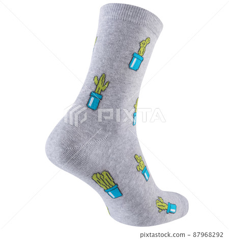 gray voluminous sock with a pattern of many cacti in a pot, heel forward, on a white background 87968292