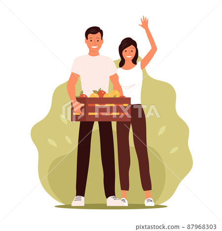 Illustration of man and woman with apple harvest 87968303