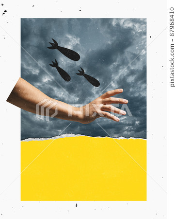Contemporary art collage. Russian bombs falling down on Ukraine. Praying for peace and safety 87968410