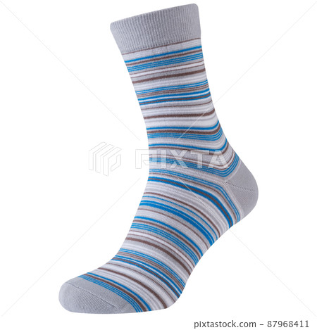 voluminous light gray sock in white and cyan stripes of different thicknesses, located toe forward, on a white background 87968411