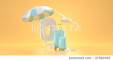 Travel banner. Airplane window with blue suitcases, beach umbrella, tickets, paper planes and flying private jet, isolated on yellow background. Concept summer journey or vacation trip, 3d render Travel banner. Airplane window with blue suitcases, beach umbrella, tickets, paper planes and flying private jet, isolated on yellow background. Concept summer journey or vacation trip, 3d render 87968489