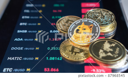 Cryptocurrency on Binance trading app, Bitcoin BTC with BNB, Ethereum, Dogecoin, Cardano, Litcoin, altcoin digital coin crypto currency defi p2p decentralized finance and fintech banking market 87968545