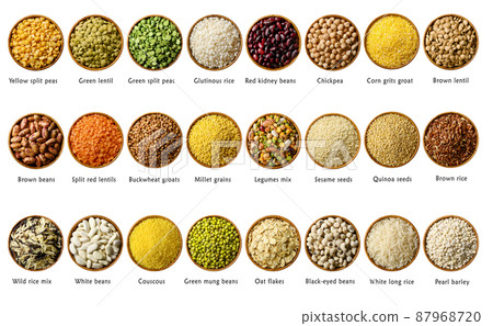 Big set of legumes and cereals in bowls with names isolated on white. Food background. Top view Big set of legumes and cereals in bowls with names isolated on white. Food background. Top view 87968720