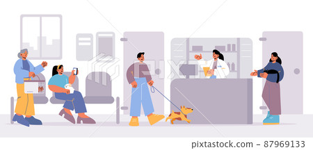 People visit vet clinic, pet owners with animals People visit vet clinic, pet owners with animals 87969133