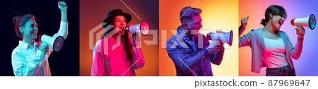 Collage with portraits of different multi ethnic male and female models on multicolored background in neon light. Concept of emotions, sales, news, ad 87969647