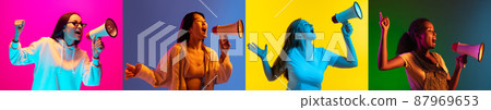 Collage with portraits of different multi ethnic female models on multicolored background in neon light. Concept of emotions, sales, news, ad Collage with portraits of different multi ethnic female models on multicolored background in neon light. Concept of emotions, sales, news, ad 87969653