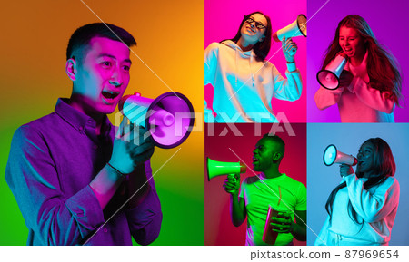Collage with portraits of different multi ethnic male and female models on multicolored background in neon light. Concept of emotions, sales, news, ad Collage with portraits of different multi ethnic male and female models on multicolored background in neon light. Concept of emotions, sales, news, ad 87969654
