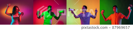 Collage with portraits of different multi ethnic male and female models on multicolored background in neon light. Concept of emotions, sales, news, ad Collage with portraits of different multi ethnic male and female models on multicolored background in neon light. Concept of emotions, sales, news, ad 87969657