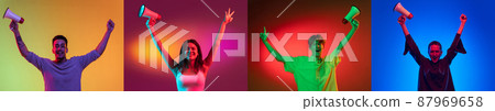 Collage with portraits of different multi ethnic male and female models on multicolored background in neon light. Concept of emotions, sales, news, ad Collage with portraits of different multi ethnic male and female models on multicolored background in neon light. Concept of emotions, sales, news, ad 87969658