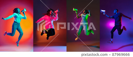 Collage with portraits of different multi ethnic male and female models on multicolored background in neon light. Concept of emotions, sales, news, ad 87969666