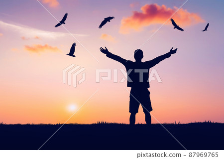 Man rising hands and eagle birds flying on sunset sky at nature field abstract background. Freedom feel good and travel adventure concept. Man rising hands and eagle birds flying on sunset sky at nature field abstract background. Freedom feel good and travel adventure concept. 87969765