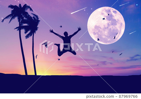 Man jumping and birds flying with palm tree at tropical sunset beach full moon abstract background. Freedom feel good and travel adventure concept. Man jumping and birds flying with palm tree at tropical sunset beach full moon abstract background. Freedom feel good and travel adventure concept. 87969766