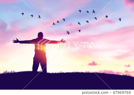 Man rising hands and birds flying on sunset sky at nature field abstract background. Freedom feel good and travel adventure concept. Man rising hands and birds flying on sunset sky at nature field abstract background. Freedom feel good and travel adventure concept. 87969768