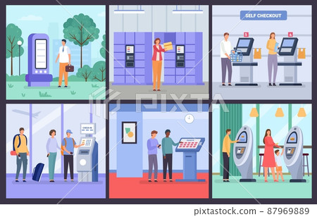 People use self service terminal to buy tickets at airport and cinema. Park information stand, cafe order kiosk and shop checkout vector set 87969889
