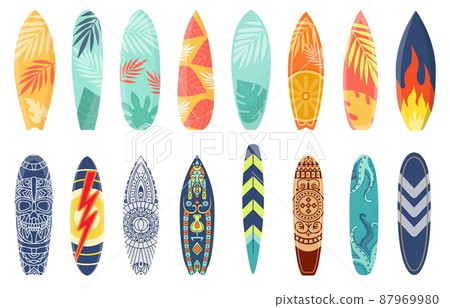 Cartoon surfing board with summer design and ethnic pattern. Surfboard with tropical leaf print, flame and lightning. Surf boards vector set 87969980