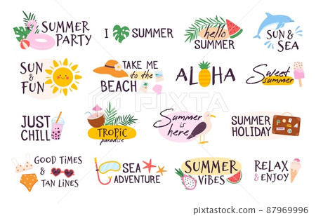 Summer slogan, sun, ice cream, watermelon and swimsuit logo. Tropic beach vacation, sea holiday, summer party and travel sticker vector set 87969996
