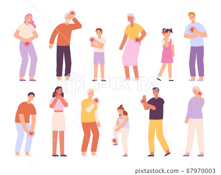 Sad adults, elders and kids with pain in neck, stomach and headache. Cartoon people with hurting back, wrist, throat and chest vector set 87970003