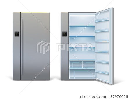 Realistic open and closed modern refrigerator mockup with shelves. Empty wide fridge with sensor panel. Home kitchen refrigerator vector set 87970006