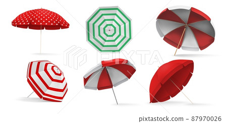 Realistic 3d sea beach umbrella for sun protection. Sunshade parasol with white red stripes top and angle view. Umbrella for pool vector set 87970026