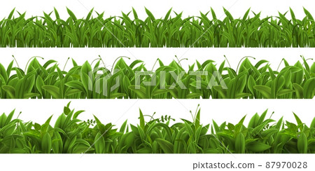 Realistic grass lawn, meadow herbs or field seamless border. 3d spring grass, weed and green plant leaves. Farm or garden sprouts vector set Realistic grass lawn, meadow herbs or field seamless border. 3d spring grass, weed and green plant leaves. Farm or garden sprouts vector set 87970028