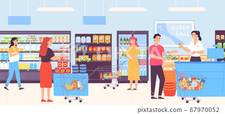 People in supermarket choosing food and putting in trolleys. Man and woman buying products in grocery store 87970052